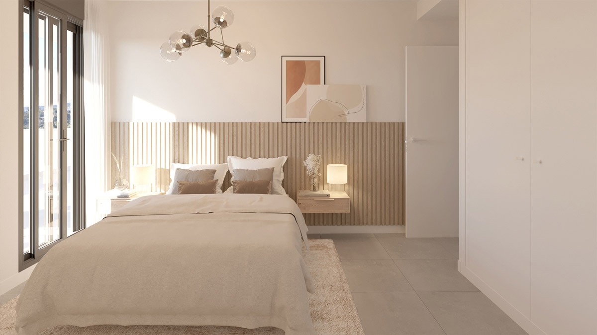 Illustration of a double bedroom with natural light