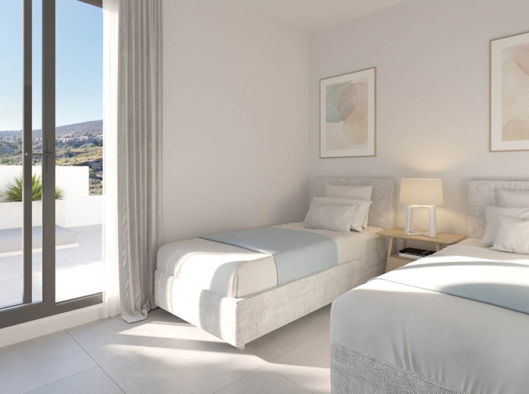 Illustration of a twin bedroom with terrace access