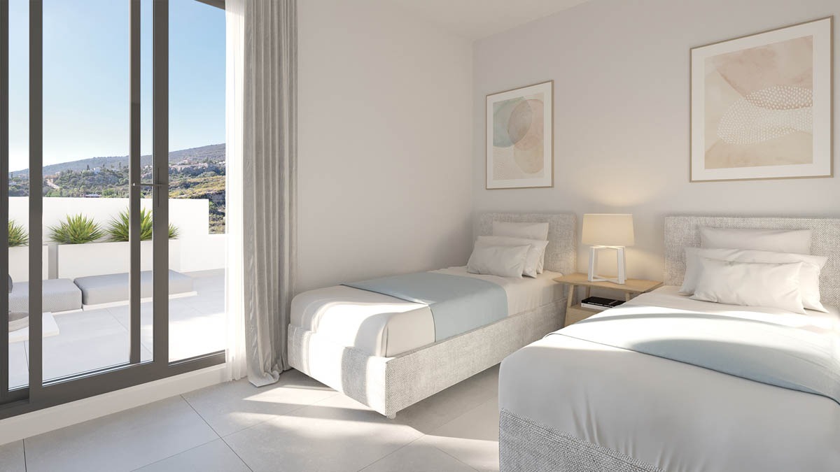 Illustration of a twin bedroom with terrace access