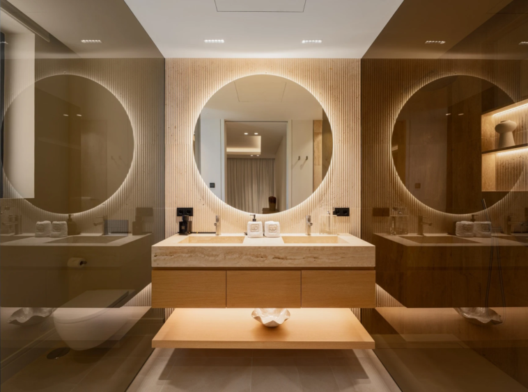 Bathroom with twin basins and walk in shower