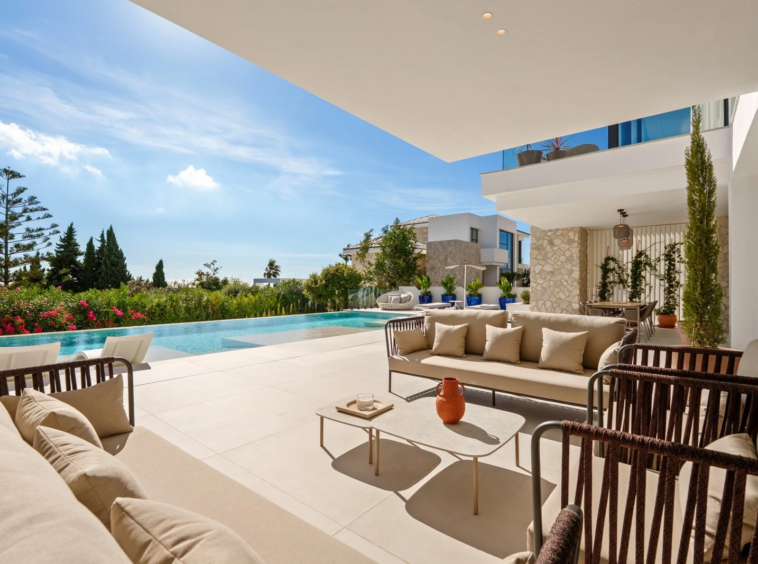 Outdoor lounge beneath the covered terrace
