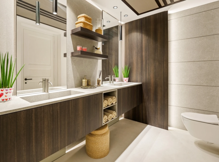 Bathroom with walk-in shower and fitted vanity