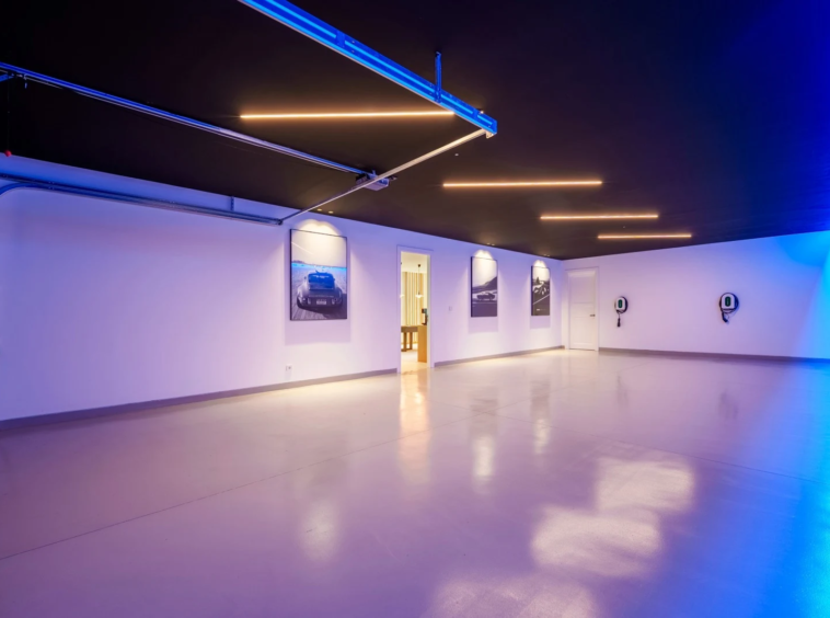 Enclosed garage with fitted lighting