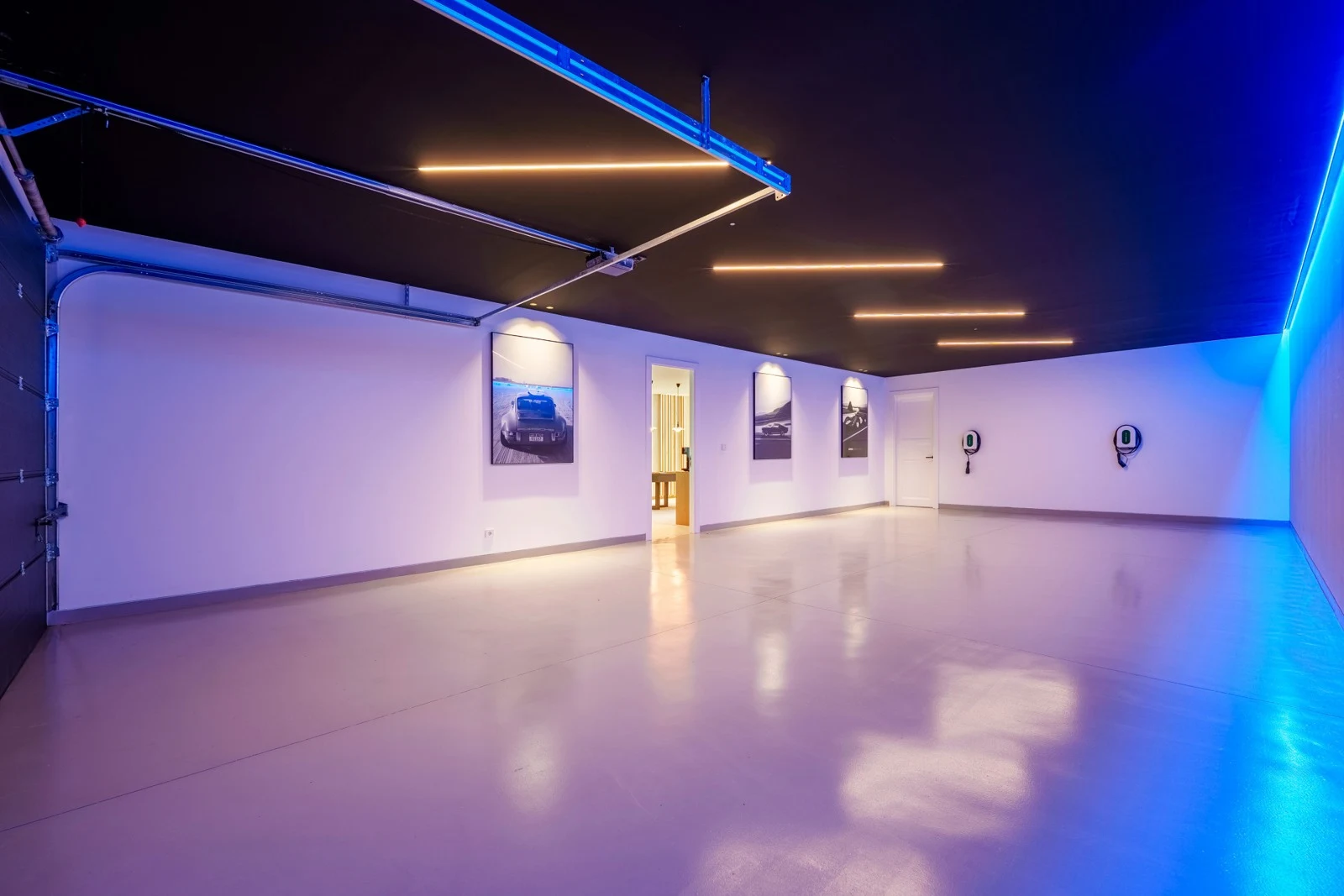 Enclosed garage with fitted lighting