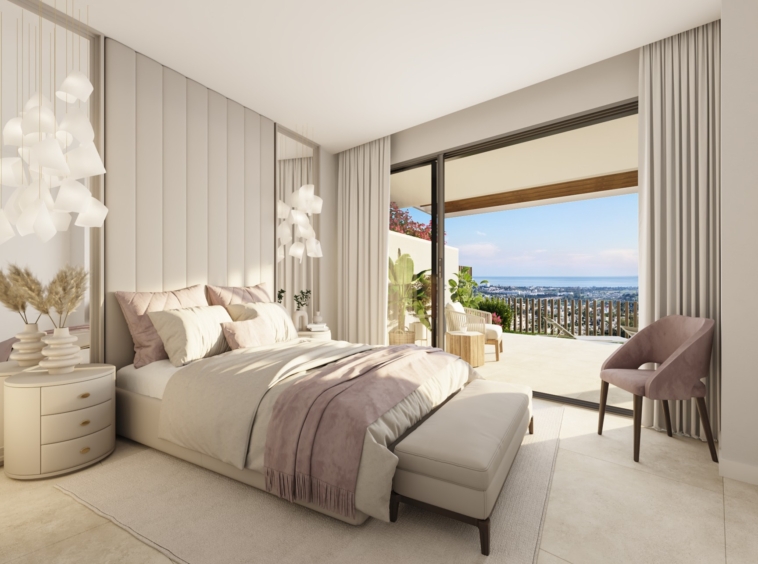 Illustrative principal bedroom in a garden apartment