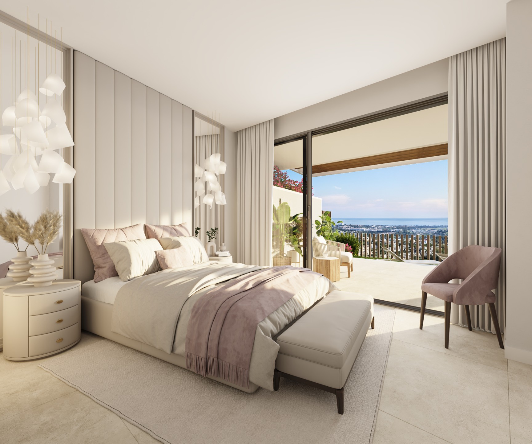 Illustrative principal bedroom in a garden apartment