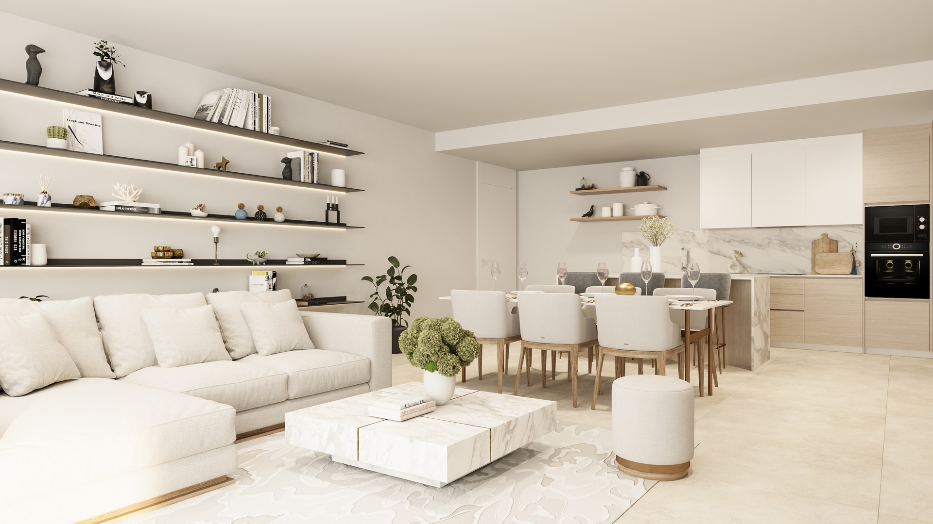 Illustrative open kitchen and dining area