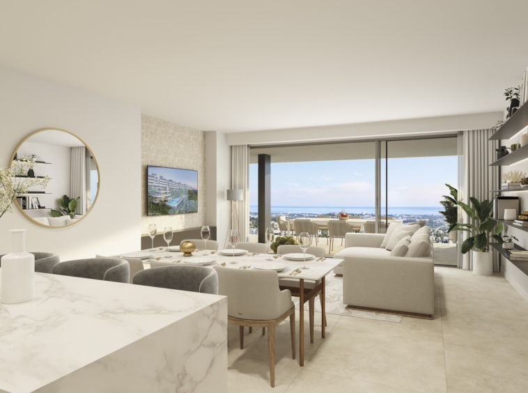 Illustrative bright living room opening onto the terrace