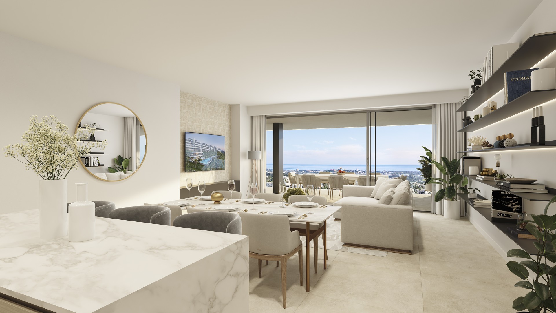 Illustrative bright living room opening onto the terrace