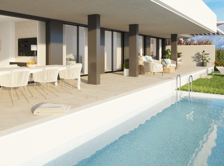 Illustrative garden terrace and private swimming pool