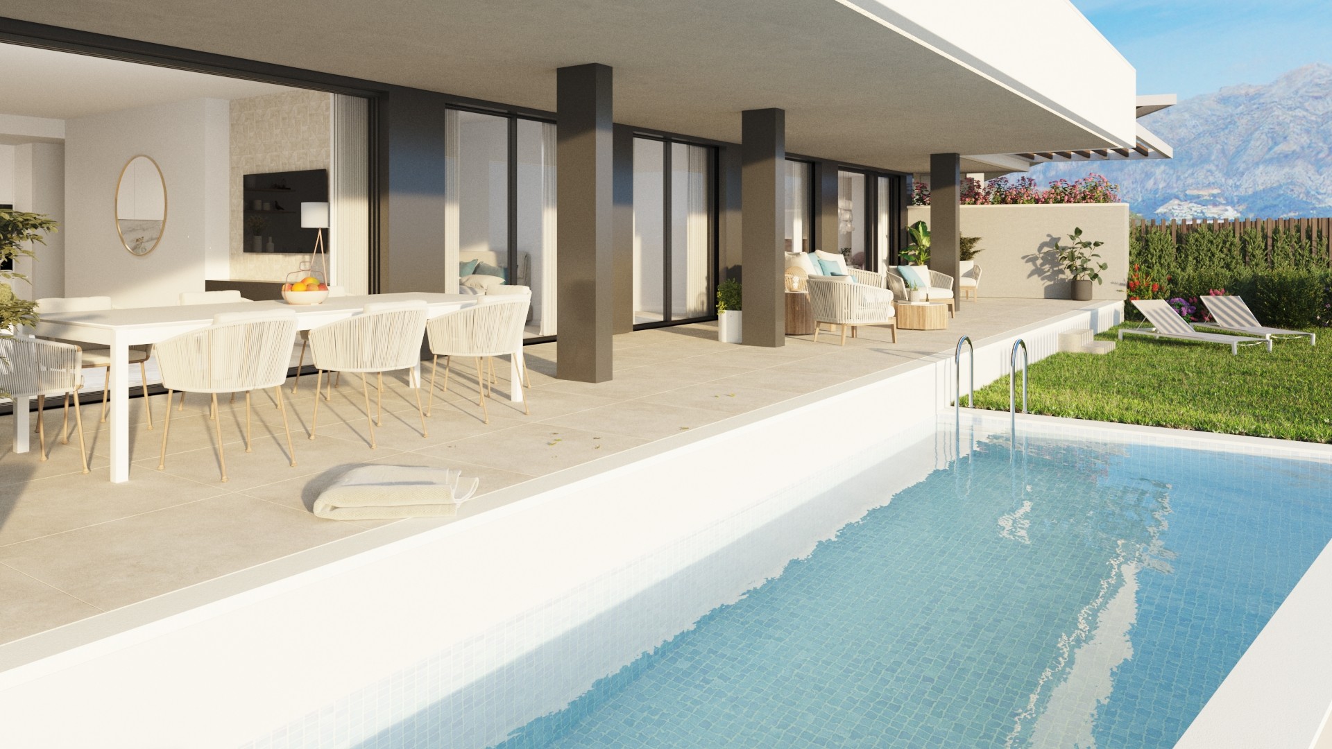 Illustrative garden terrace and private swimming pool