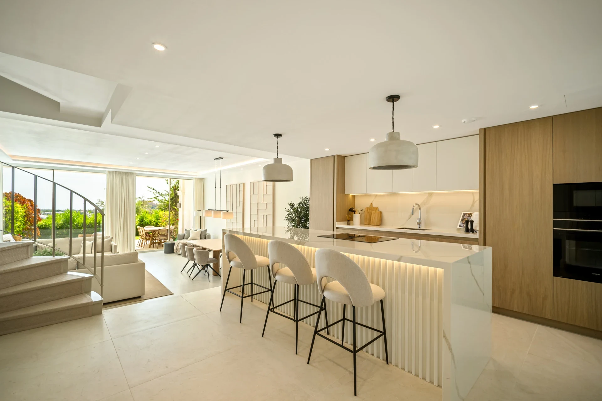 Fitted kitchen and open-plan dining area