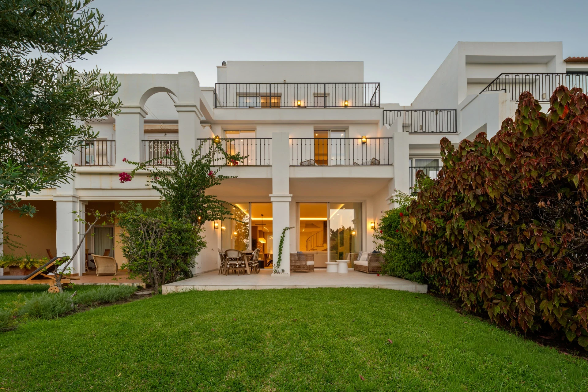 Townhouse and private garden at dusk