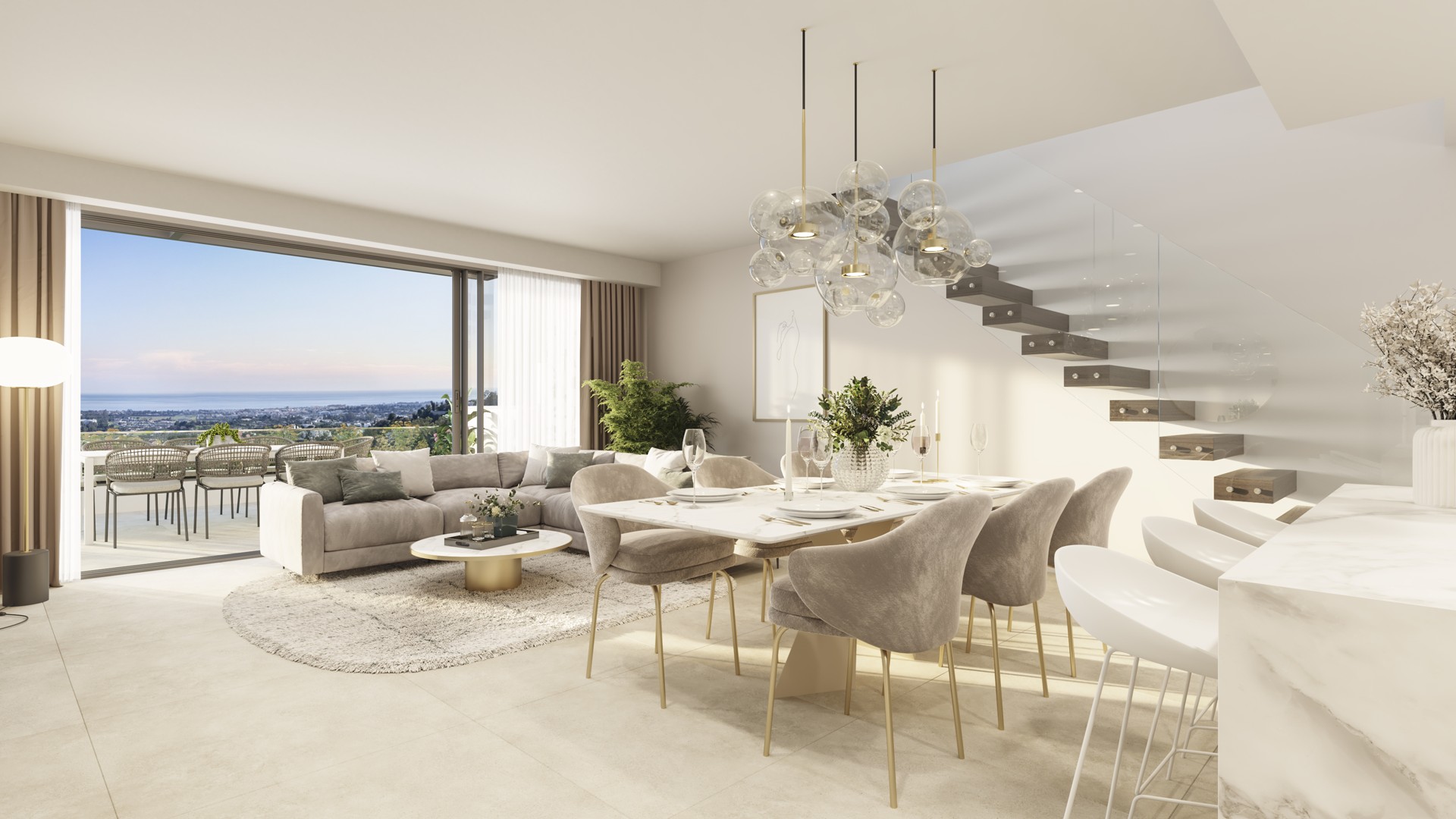 Illustrative penthouse living and dining room in La Quinta