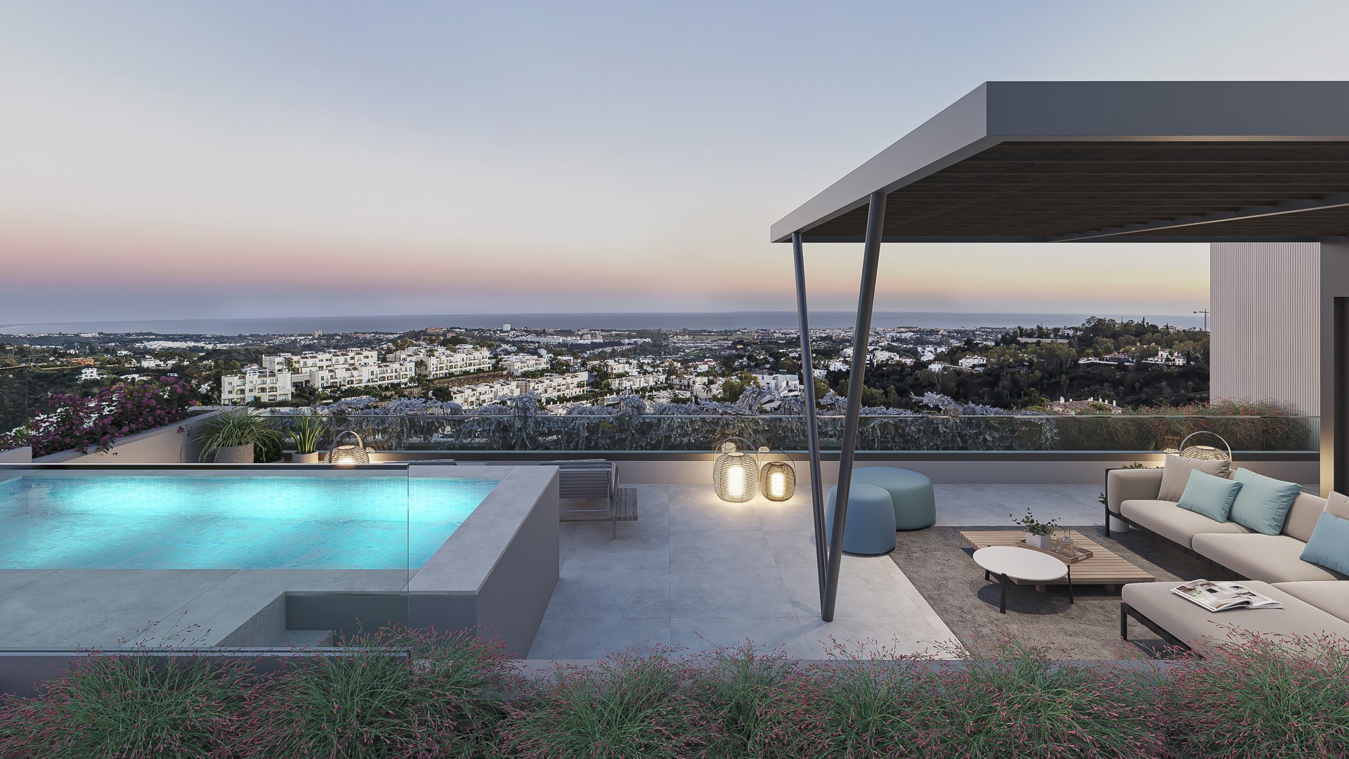 Illustrative rooftop solarium and private pool