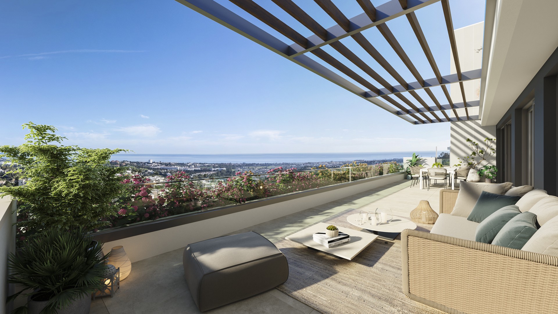 Illustrative penthouse terrace overlooking the coast