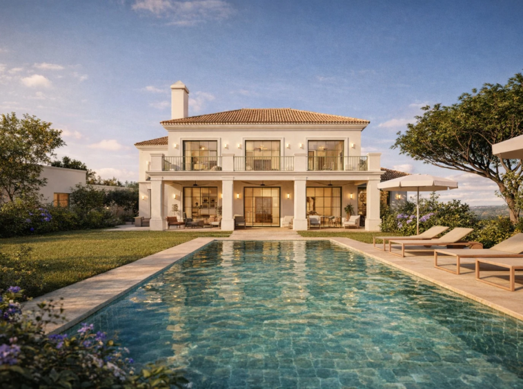 Proposed home viewed from the pool - architectural rendering