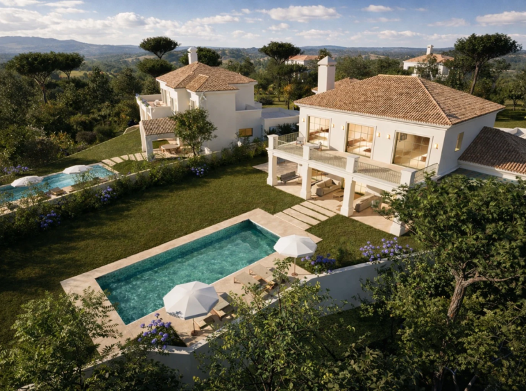 Proposed villa and garden setting - aerial rendering