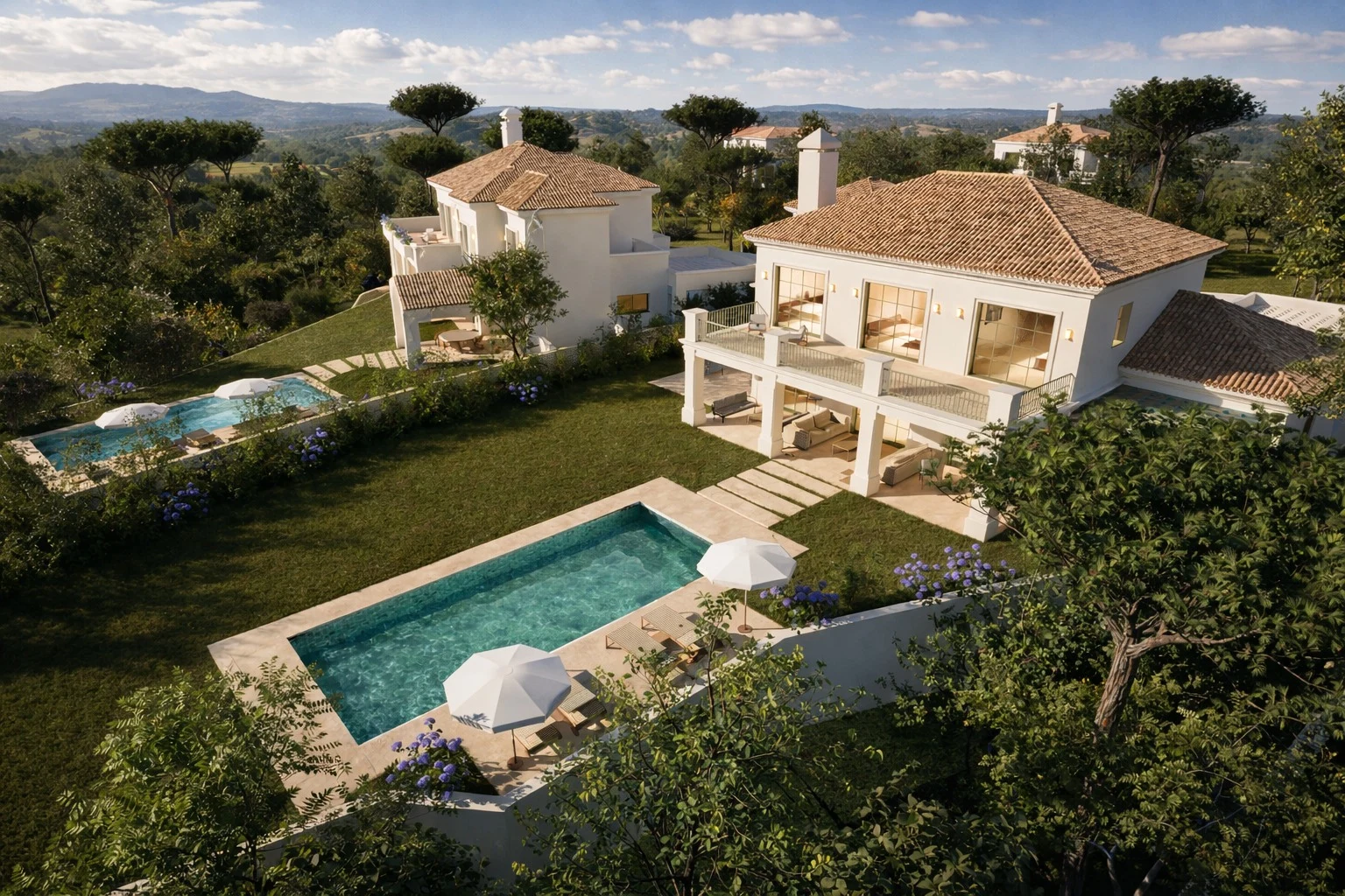 Proposed villa and garden setting - aerial rendering