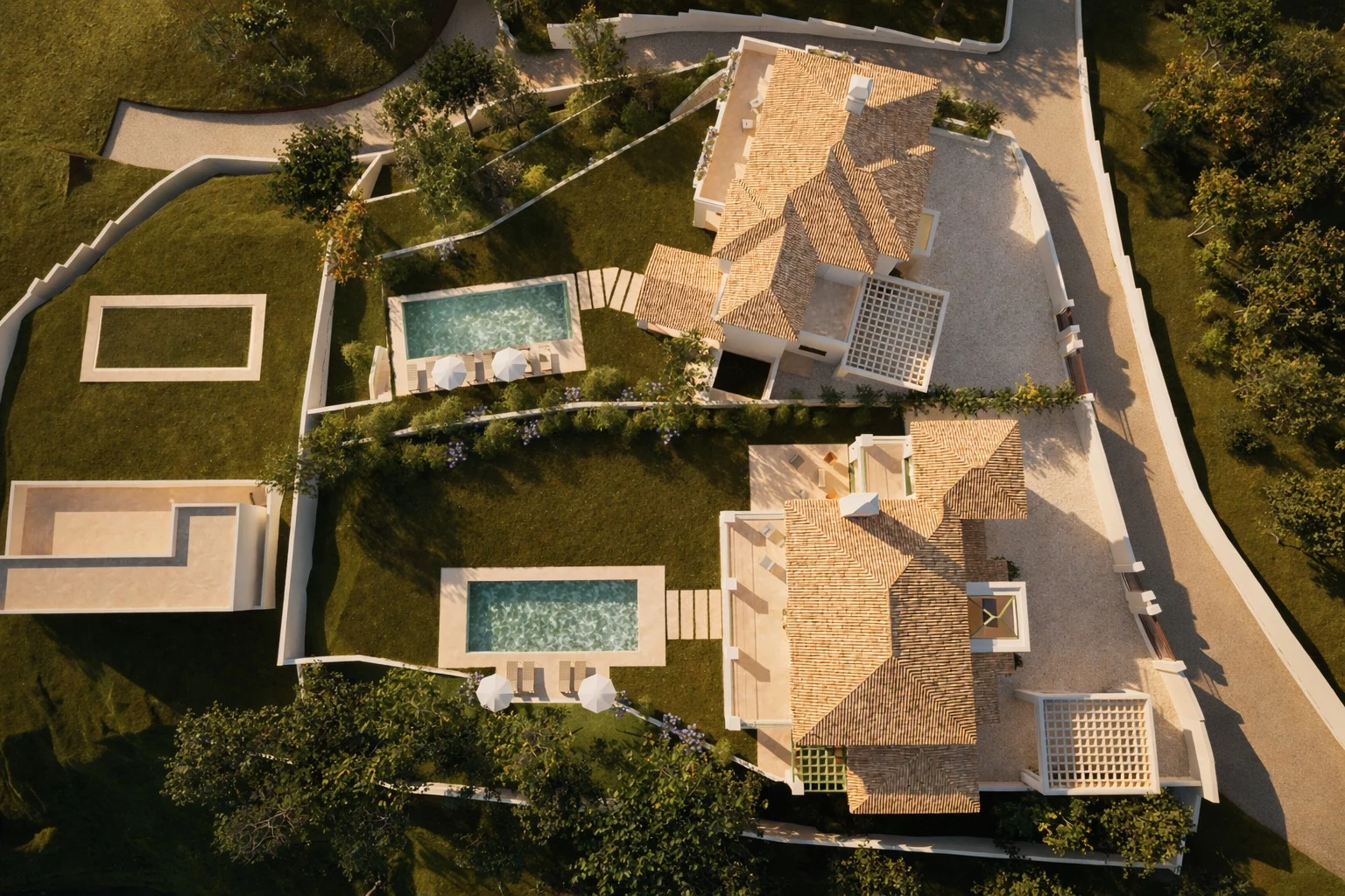 Proposed gardens and pools - aerial rendering