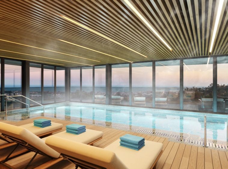 Illustrative shared indoor pool and spa