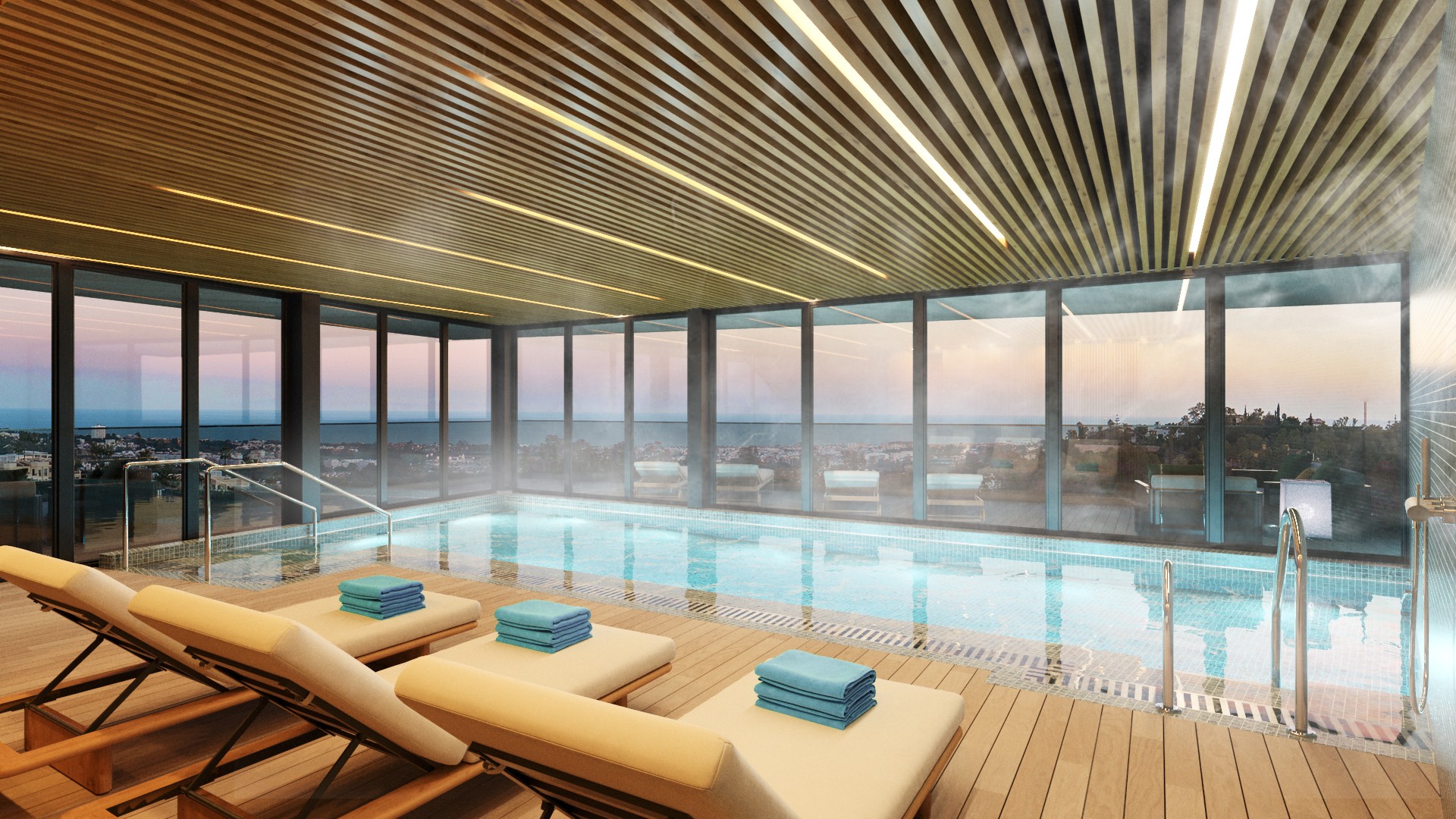 Illustrative shared indoor pool and spa