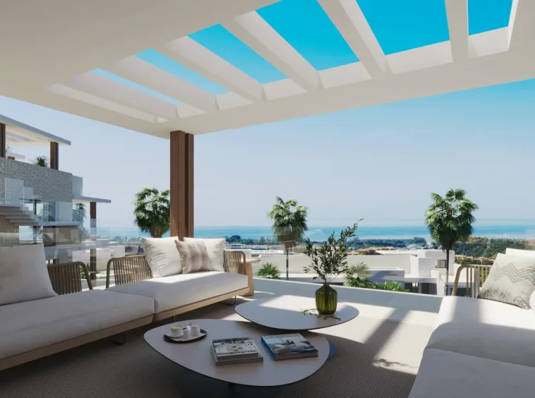 Illustrative covered lounge terrace overlooking the coast