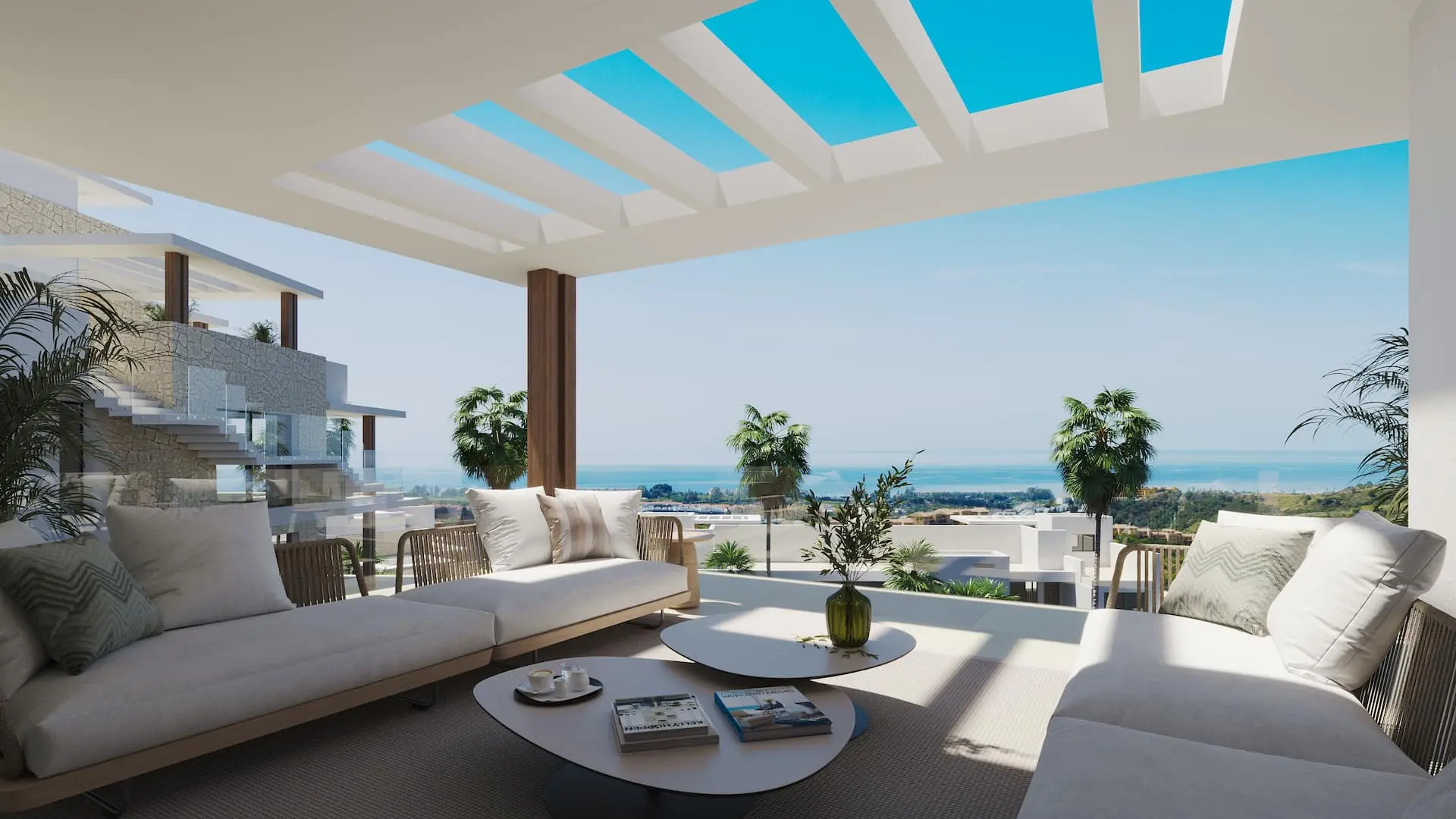 Illustrative covered lounge terrace overlooking the coast