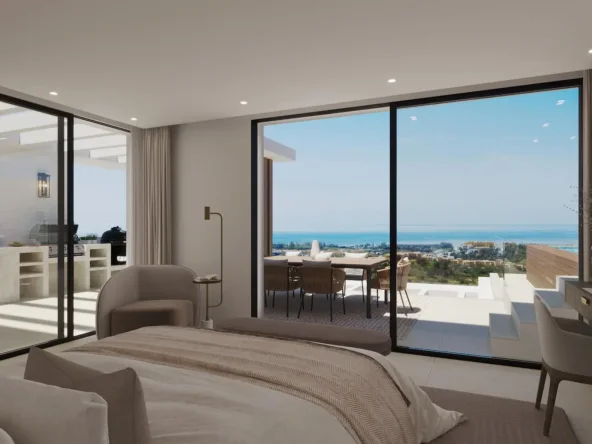 Illustrative bedroom opening onto a sea-view terrace