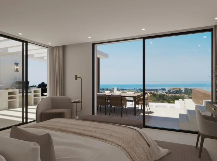 Illustrative bedroom opening onto a sea-view terrace