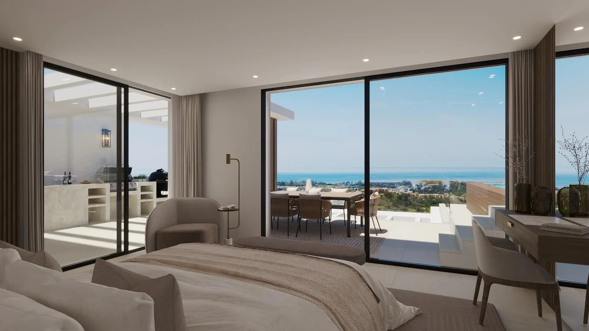 Illustrative bedroom opening onto a sea-view terrace