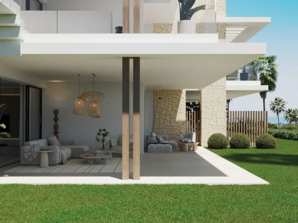 Illustrative covered terrace and garden beside an apartment