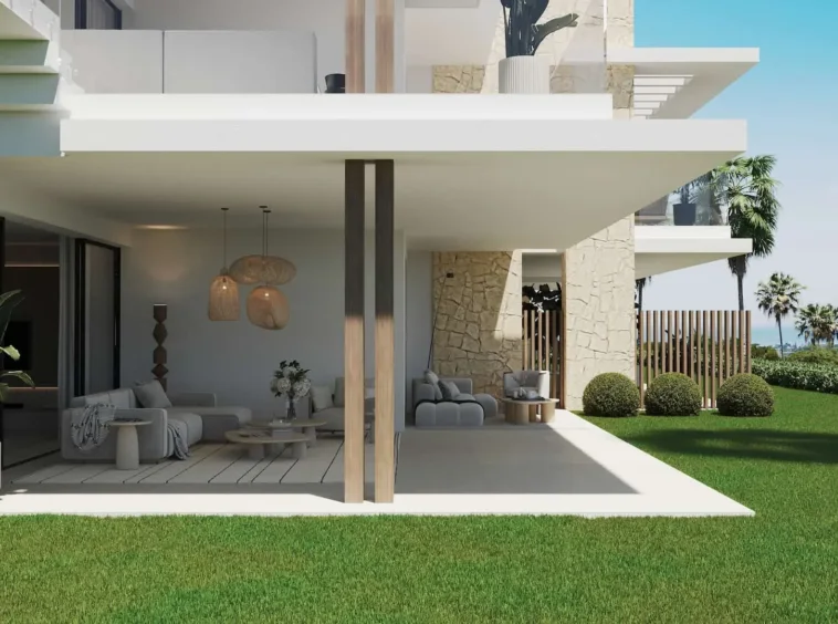 Illustrative covered terrace and garden beside an apartment