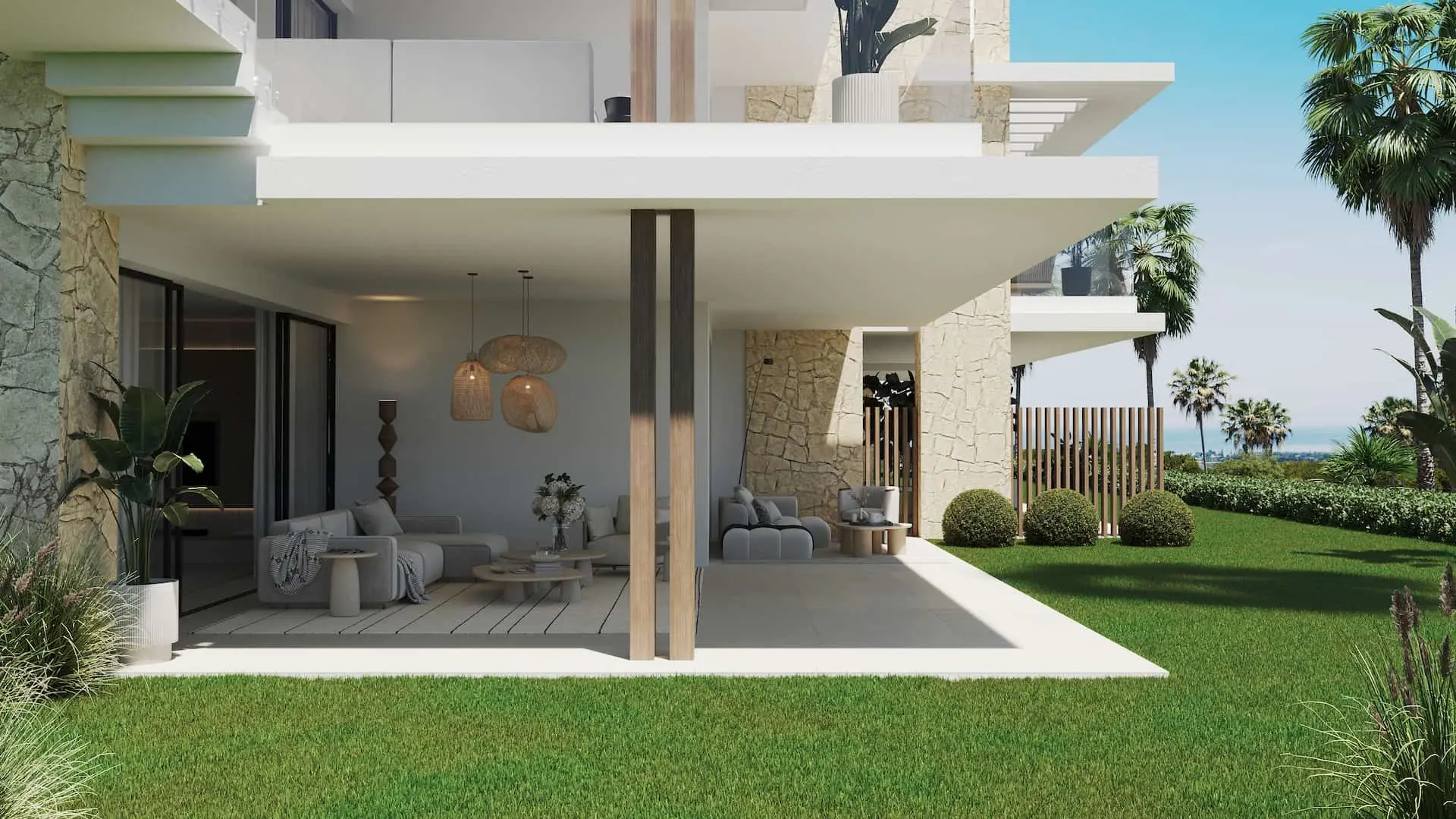 Illustrative covered terrace and garden beside an apartment