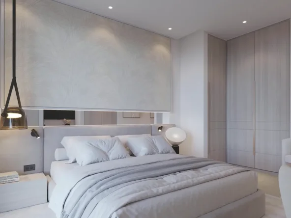 Illustrative contemporary bedroom with pendant lighting