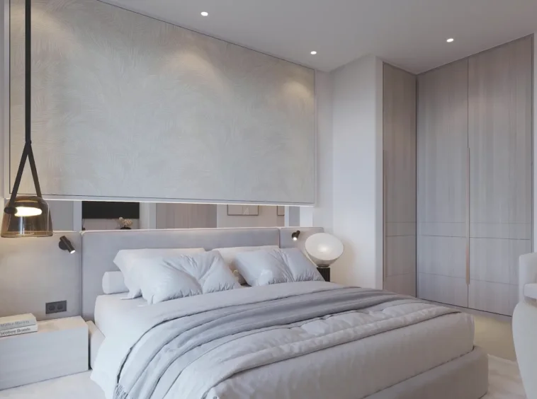 Illustrative contemporary bedroom with pendant lighting