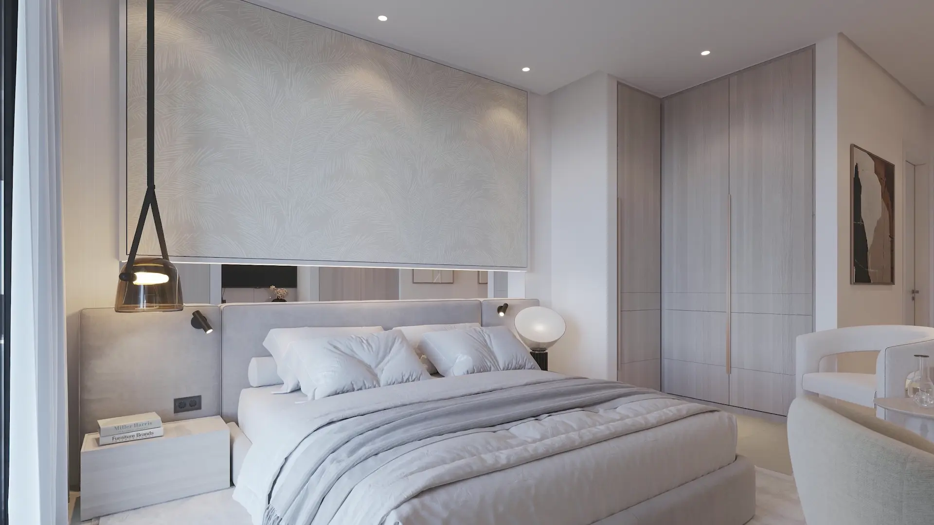 Illustrative contemporary bedroom with pendant lighting