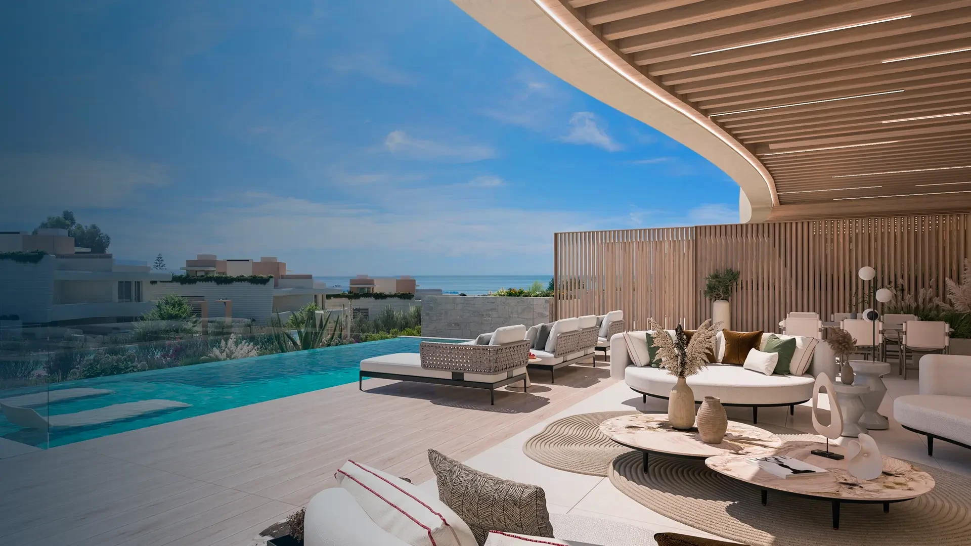 Illustrative covered terrace beside a private pool in Marbella