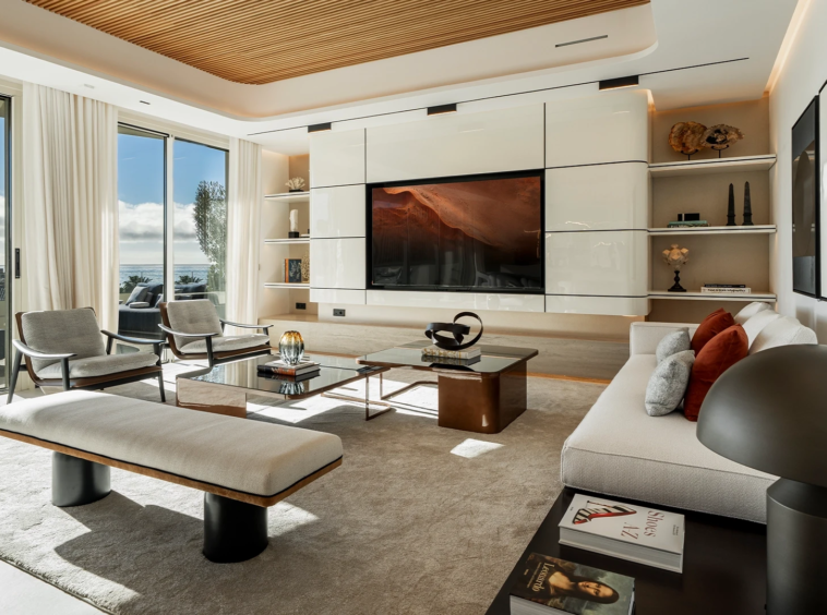 Representative contemporary living room with floor-to-ceiling windows