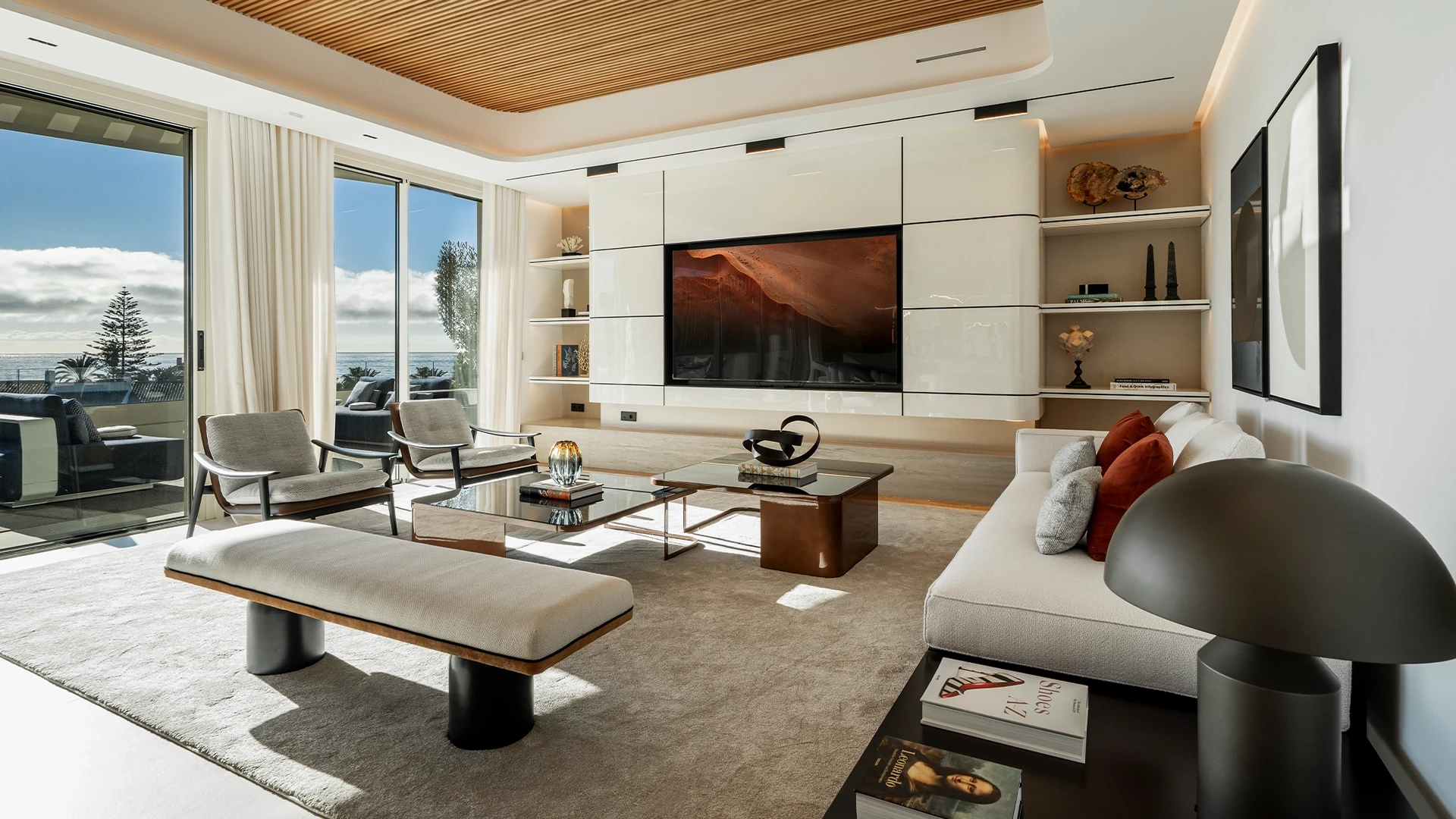Representative contemporary living room with floor-to-ceiling windows