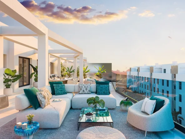 Illustrative penthouse terrace with outdoor dining and lounge areas in Las Lagunas