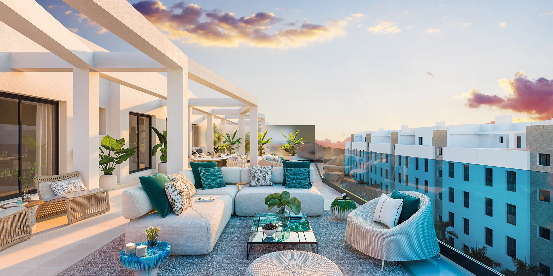 Illustrative penthouse terrace with outdoor dining and lounge areas in Las Lagunas