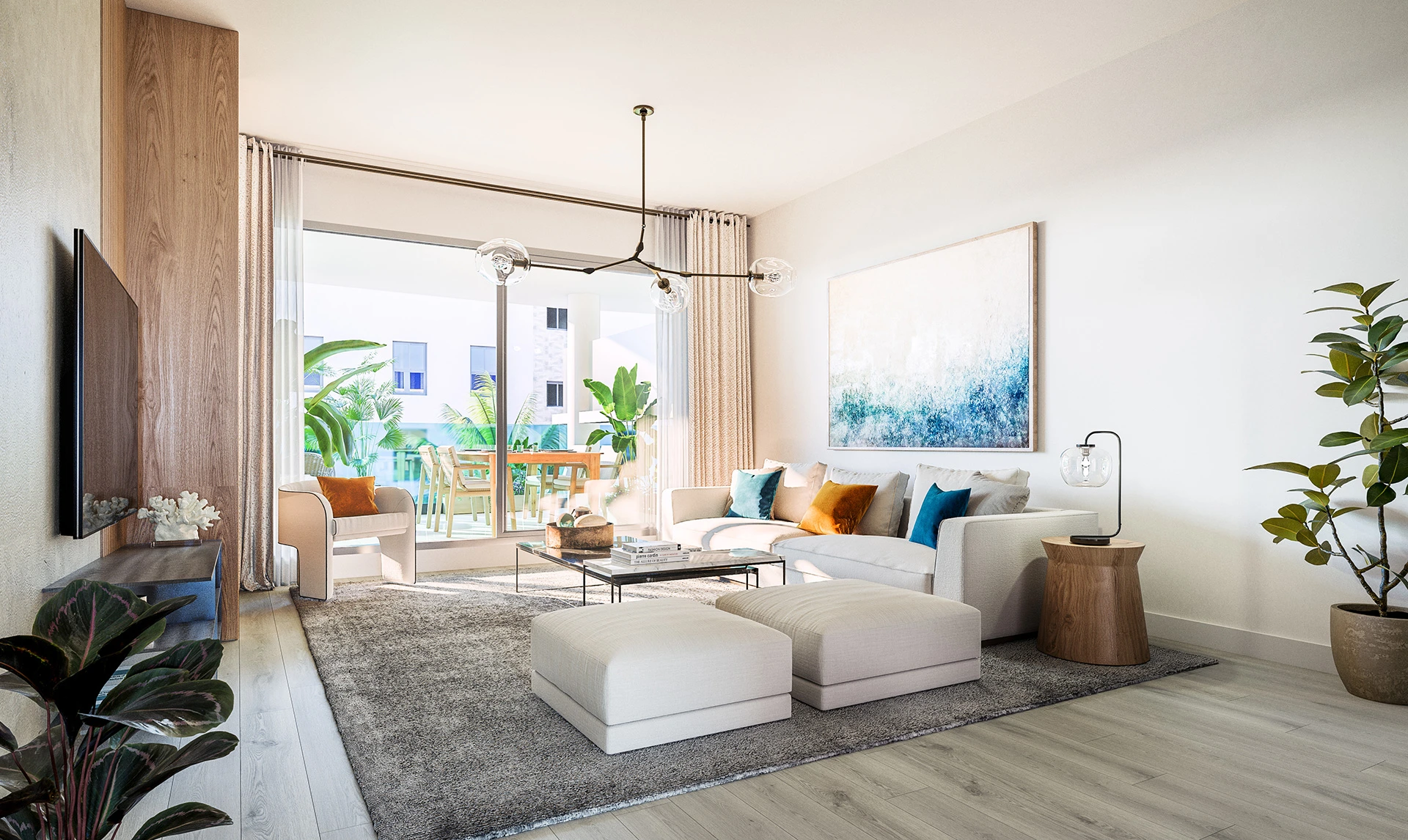 Illustrative light-filled living room with access to a terrace