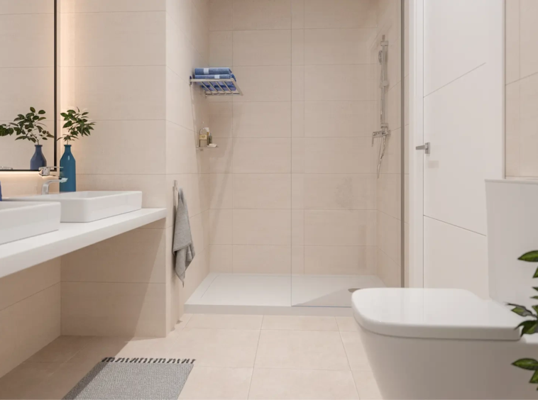 Representative bathroom with walk-in shower