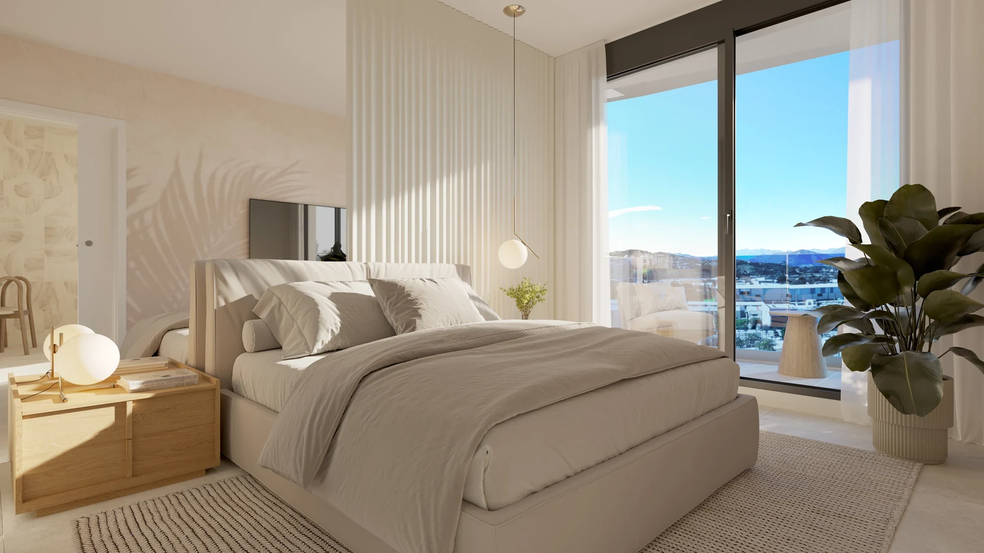 Illustrative bedroom with sliding doors to outdoor space