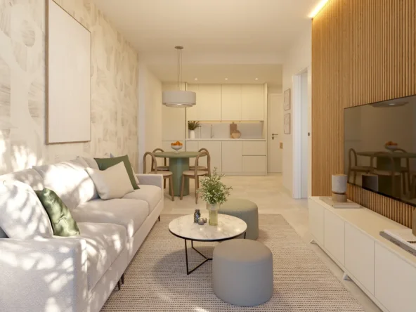 Illustrative open-plan living room with a fitted kitchen