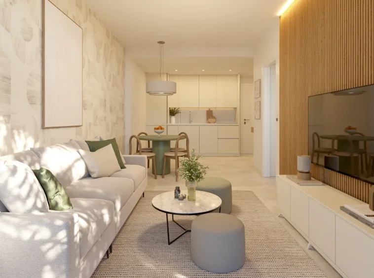 Illustrative open-plan living room with a fitted kitchen