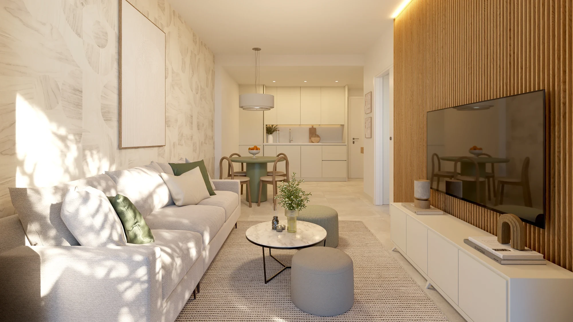 Illustrative open-plan living room with a fitted kitchen