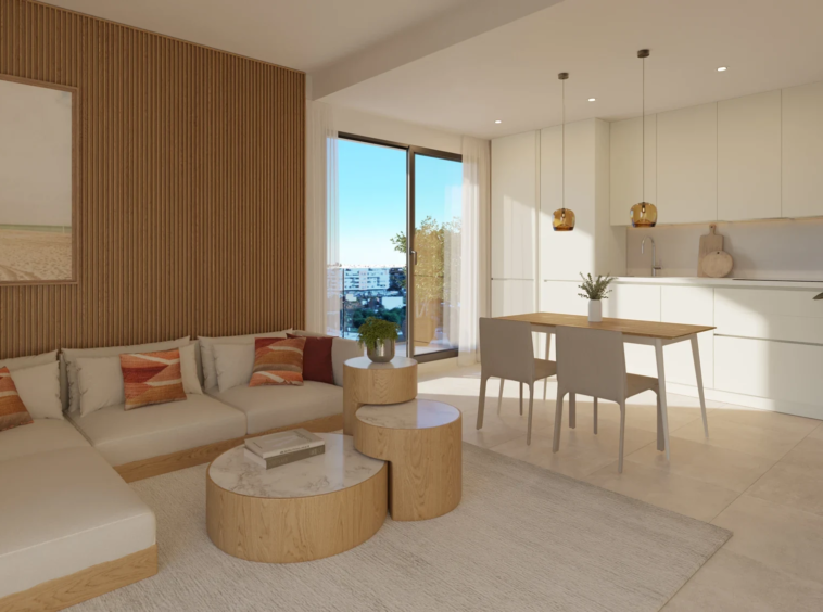 Illustrative living and dining space with large windows