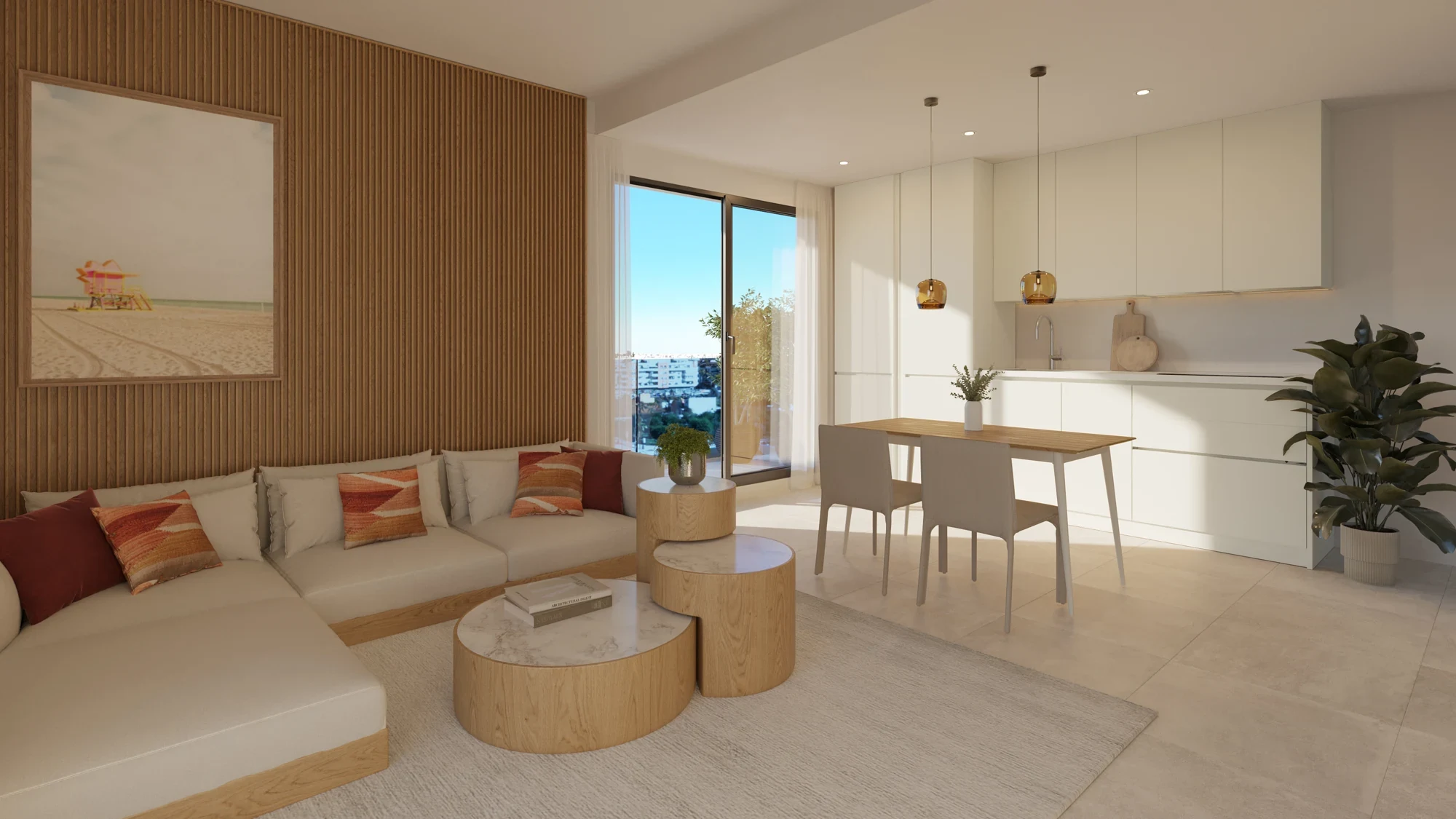 Illustrative living and dining space with large windows